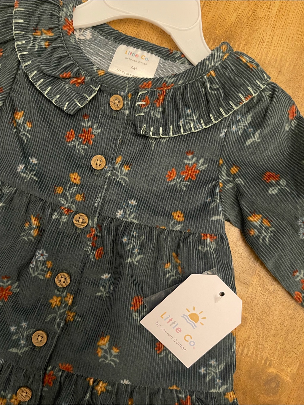 Little Co Floral Corduroy Baby Dress In Slate Green